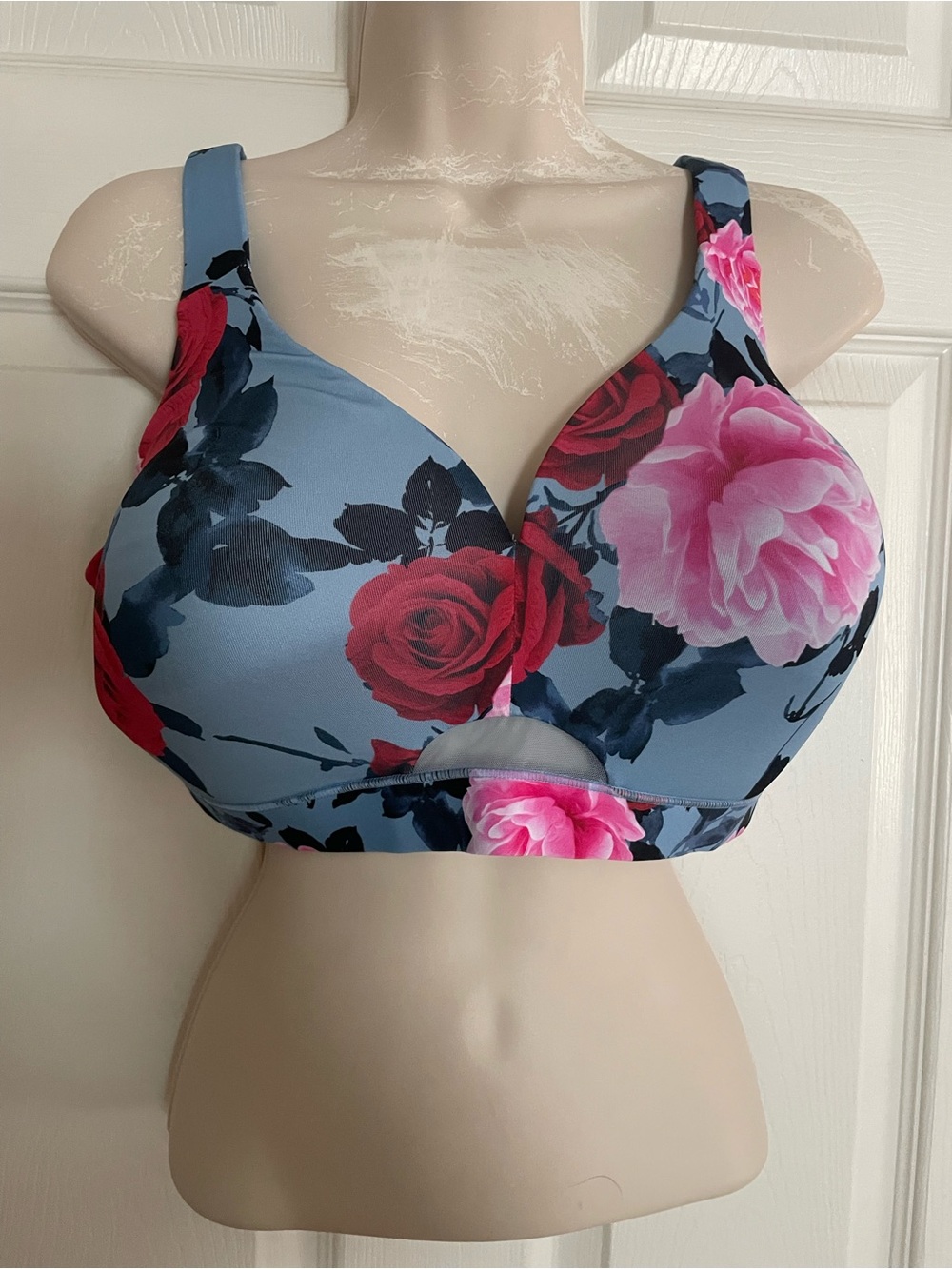 Cacique Floral Wireless Padded Bra - Blue with Red & Pink Roses 40DD‎